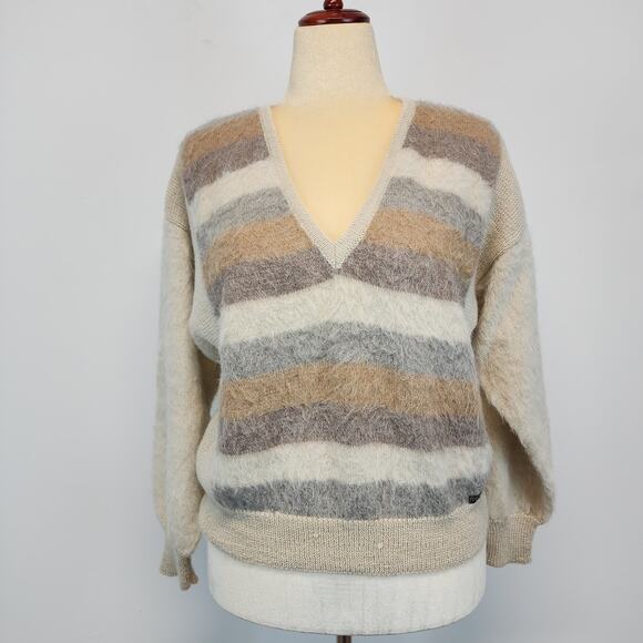 Nar Bolivian Pullover V-neck Sweater Size L Tan Cream Striped Alpaca Wool Fuzzy - Picture 1 of 13